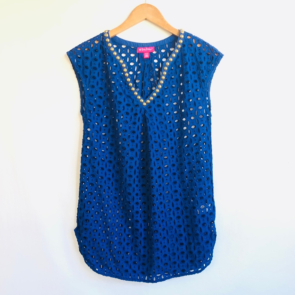 LILLY PULITZER Top Size XS Eyelet Sleeveless Studded Resort Travel